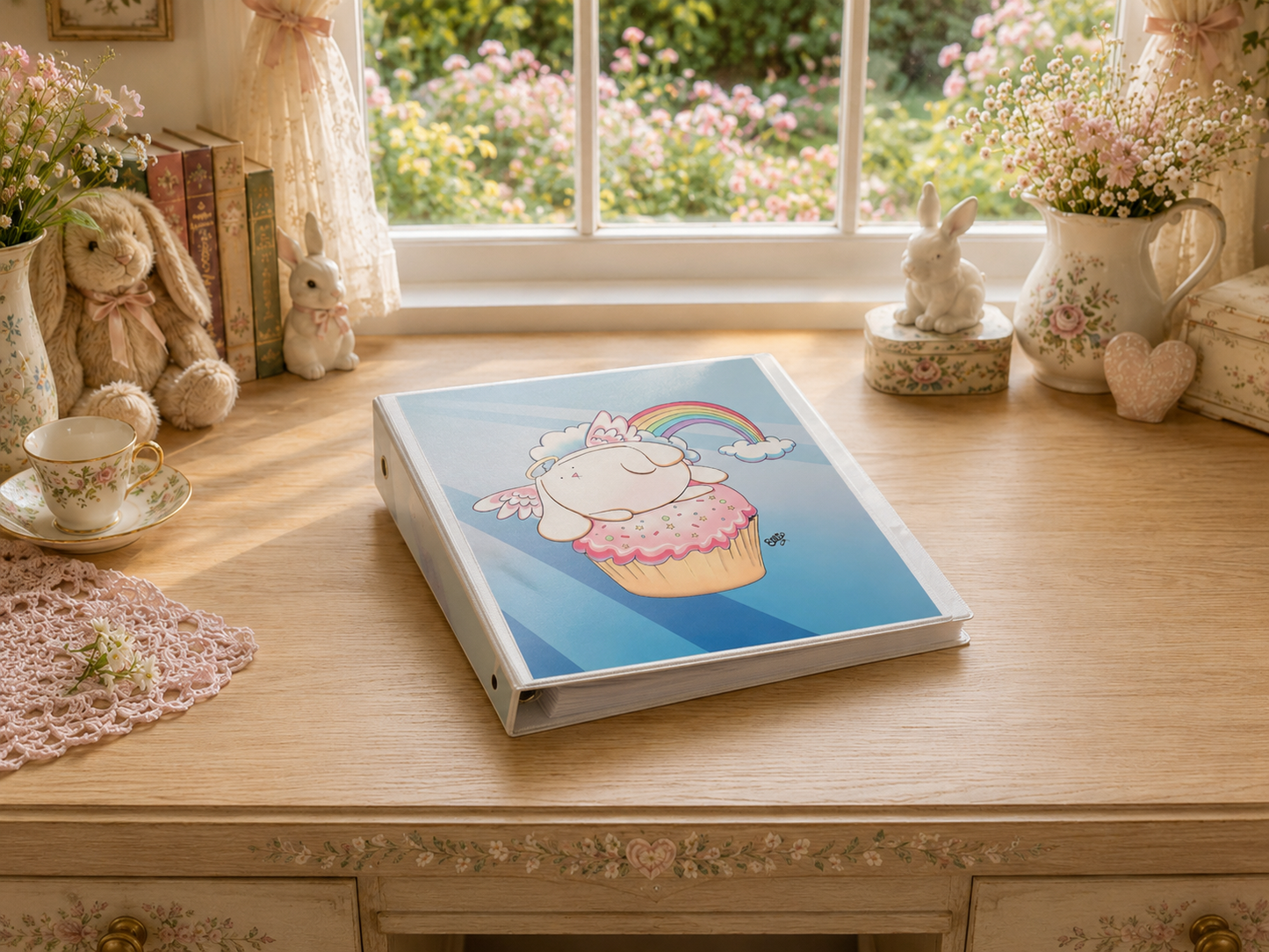 Angel Bunny 3-Ring Binder – Cute Cupcake Bunny School Binder with Rainbow Art