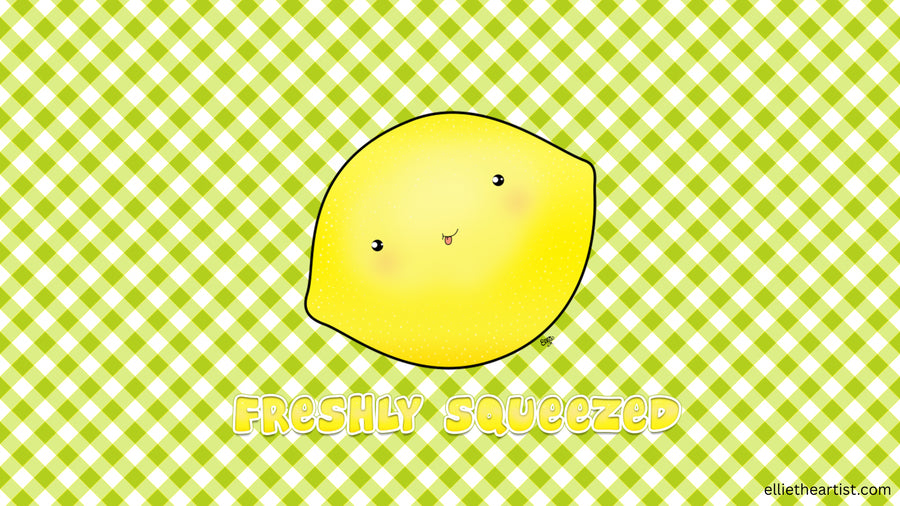A cute cartoon lemon with a smiling face on a green and white checkered background, with the text 'FRESHLY SQUEEZED' below it.