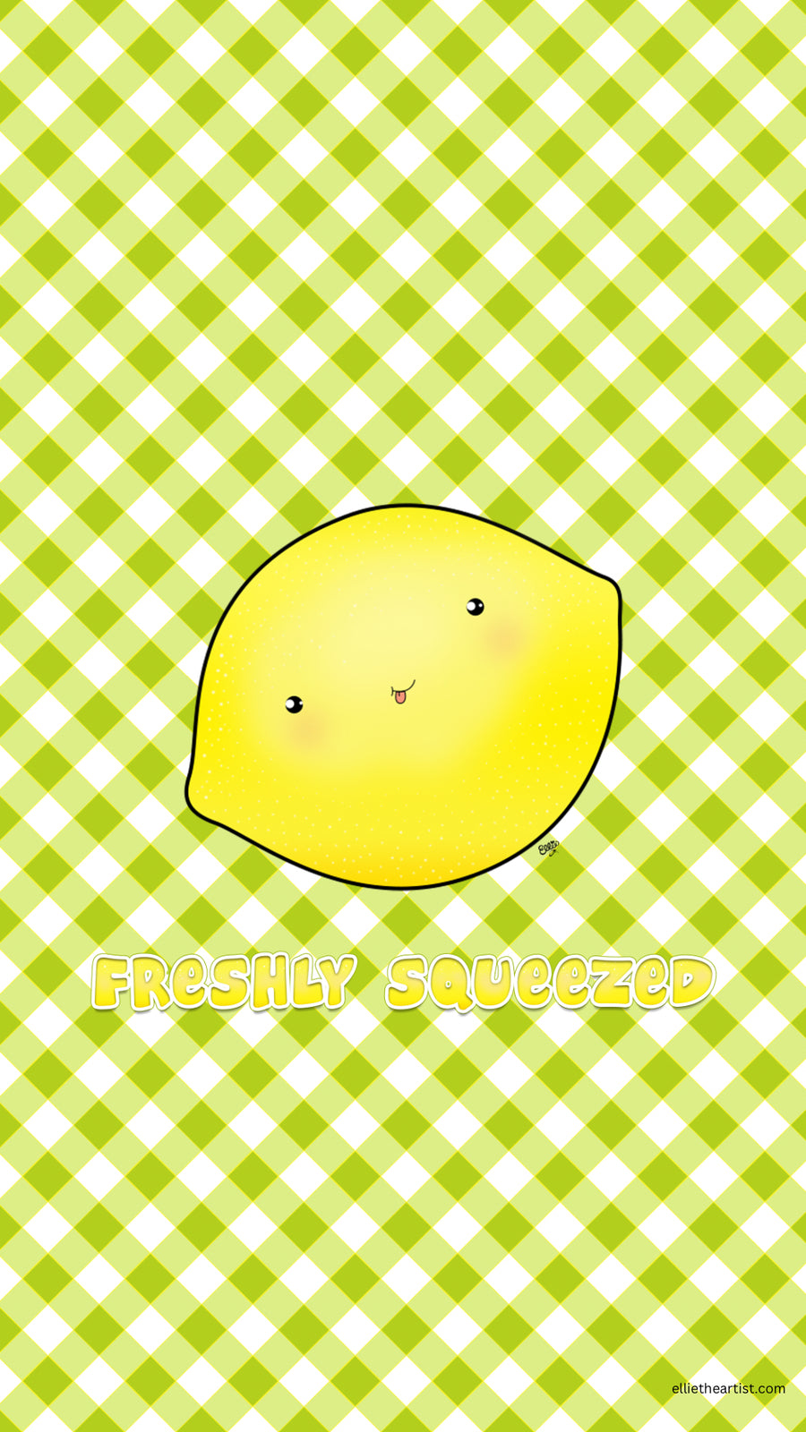 A cute cartoon lemon with a smiling face on a green and white checkered background, with the text 'FRESHLY SQUEEZED' below it.