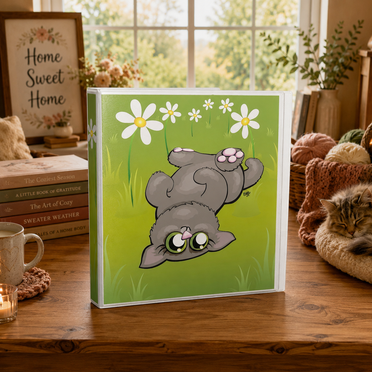 Cuddly Kitten 3-Ring Binder - Cute Cartoon Cat School Binder - Home Sweet Home Cartoon Art Binder