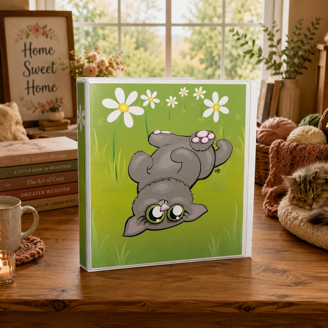 Cuddly Kitten 3-Ring Binder - Cute Cartoon Cat School Binder - Home Sweet Home Cartoon Art Binder