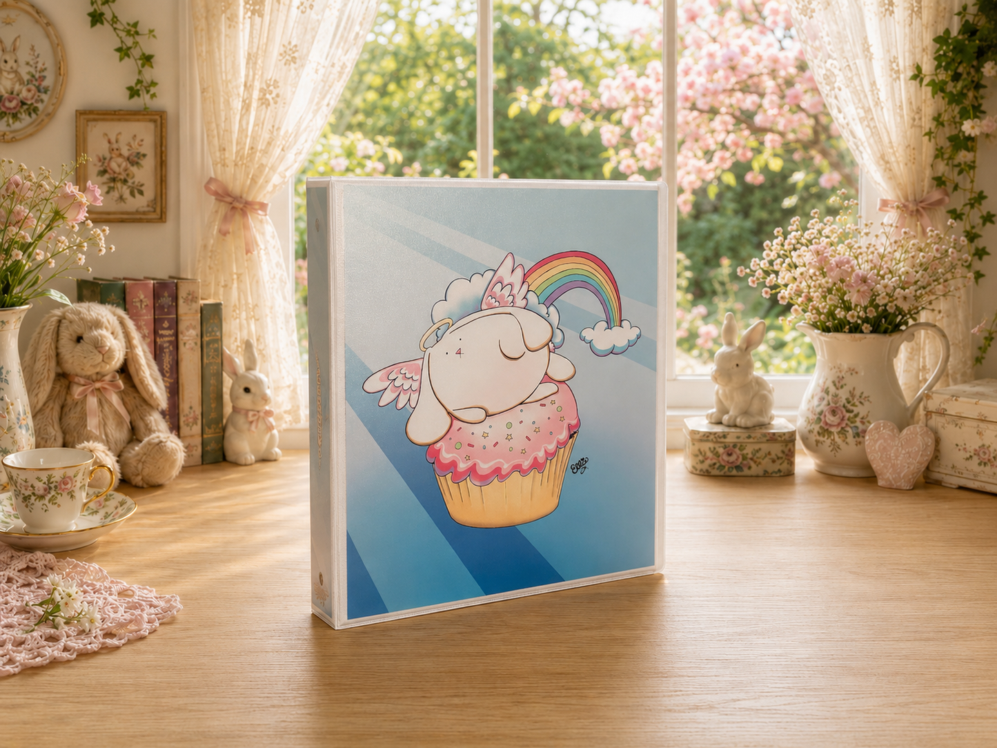 Angel Bunny 3-Ring Binder – Cute Cupcake Bunny School Binder with Rainbow Art
