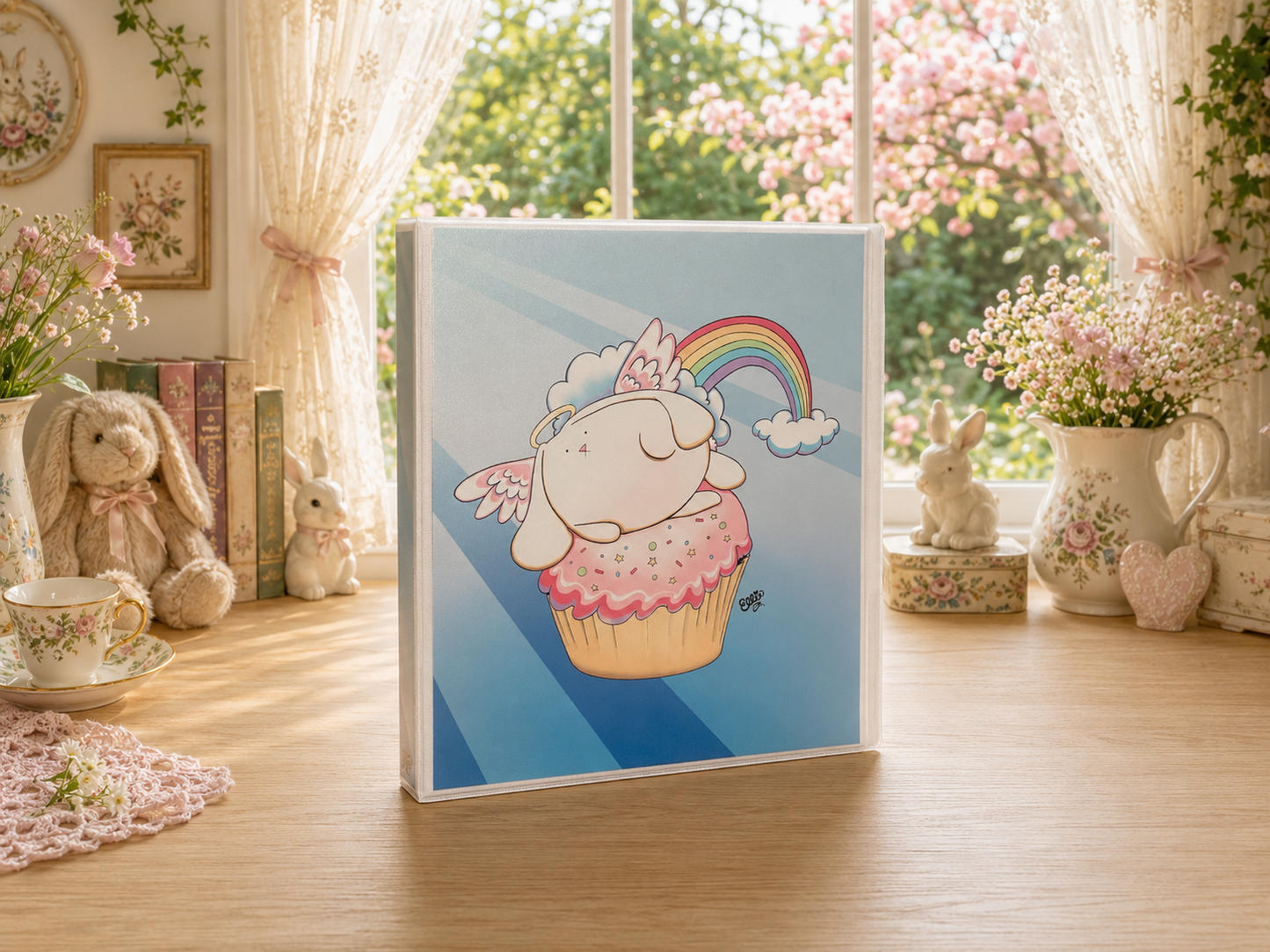 Angel Bunny 3-Ring Binder – Cute Cupcake Bunny School Binder with Rainbow Art