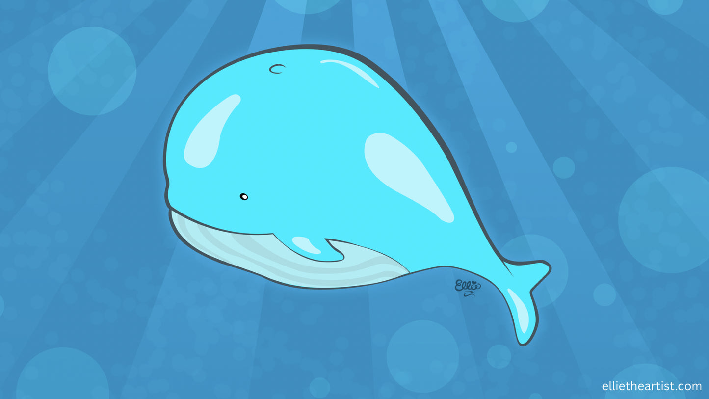 A cartoon-style light blue whale swimming underwater against a blue background with sun rays and bubbles. The Ellie’s small artist signature is visible near the tail, and 'ellieartheartist.com’ in the lower right.