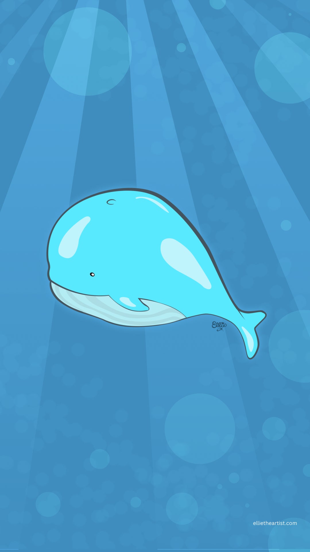 A cute cartoon blue whale floating in an underwater scene with blue sun rays and bubbles. Small text in the bottom right corner reads 'ellietheartist.com’.
