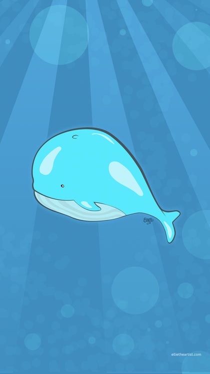 A cute cartoon blue whale floating in an underwater scene with blue sun rays and bubbles. Small text in the bottom right corner reads 'ellietheartist.com’.