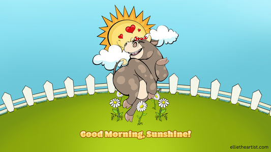 A cartoon-style morning scene with a smiling sun, fluffy white clouds, a brown cow, daisies, a white picket fence, and the text 'Good Morning, Sunshine!' on a bright blue sky background.