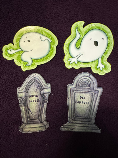 STICKER PACK: Haunted Graveyard Ghosts and Tombstones of Dee Compose and Anita Shovel | 4-Pack