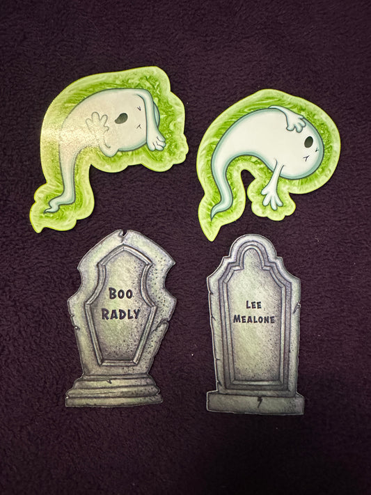 STICKER PACK: Haunted Graveyard Ghosts and Tombstones of Lee Mealone and Boo Radley | 4-Pack