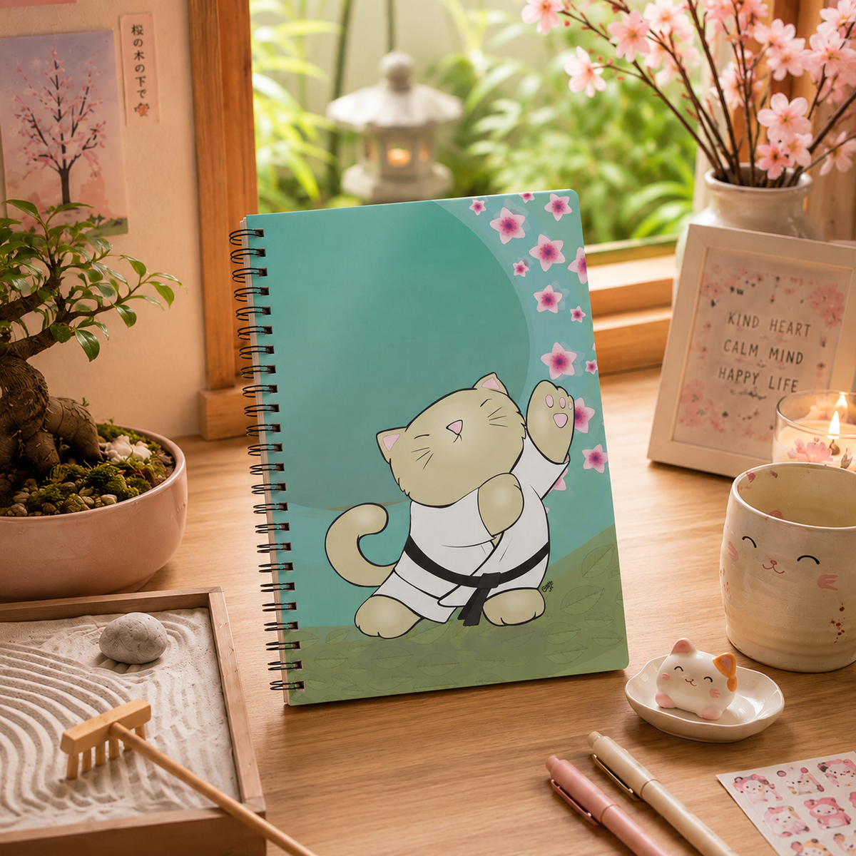 TAI CHI KITTY Cartoon Notebook – 150 lined pages A5 Wirobound Softcover