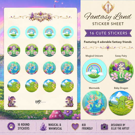 Fantasy Land sticker sheet with 16 cute stickers featuring 4 cartoon characters: unicorn, fairy mermaids, and dragon.