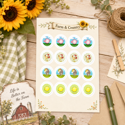 Farm & Country Cartoon Sticker Sheet – Cute Farm Animal Stickers for Kids, Rewards, Journals & Lunchbox Notes