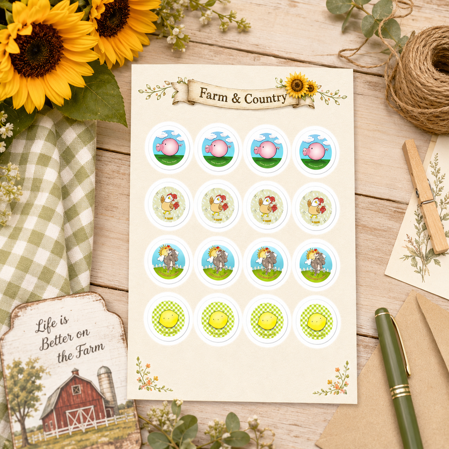 Farm & Country Cartoon Sticker Sheet – Cute Farm Animal Stickers for Kids, Rewards, Journals & Lunchbox Notes