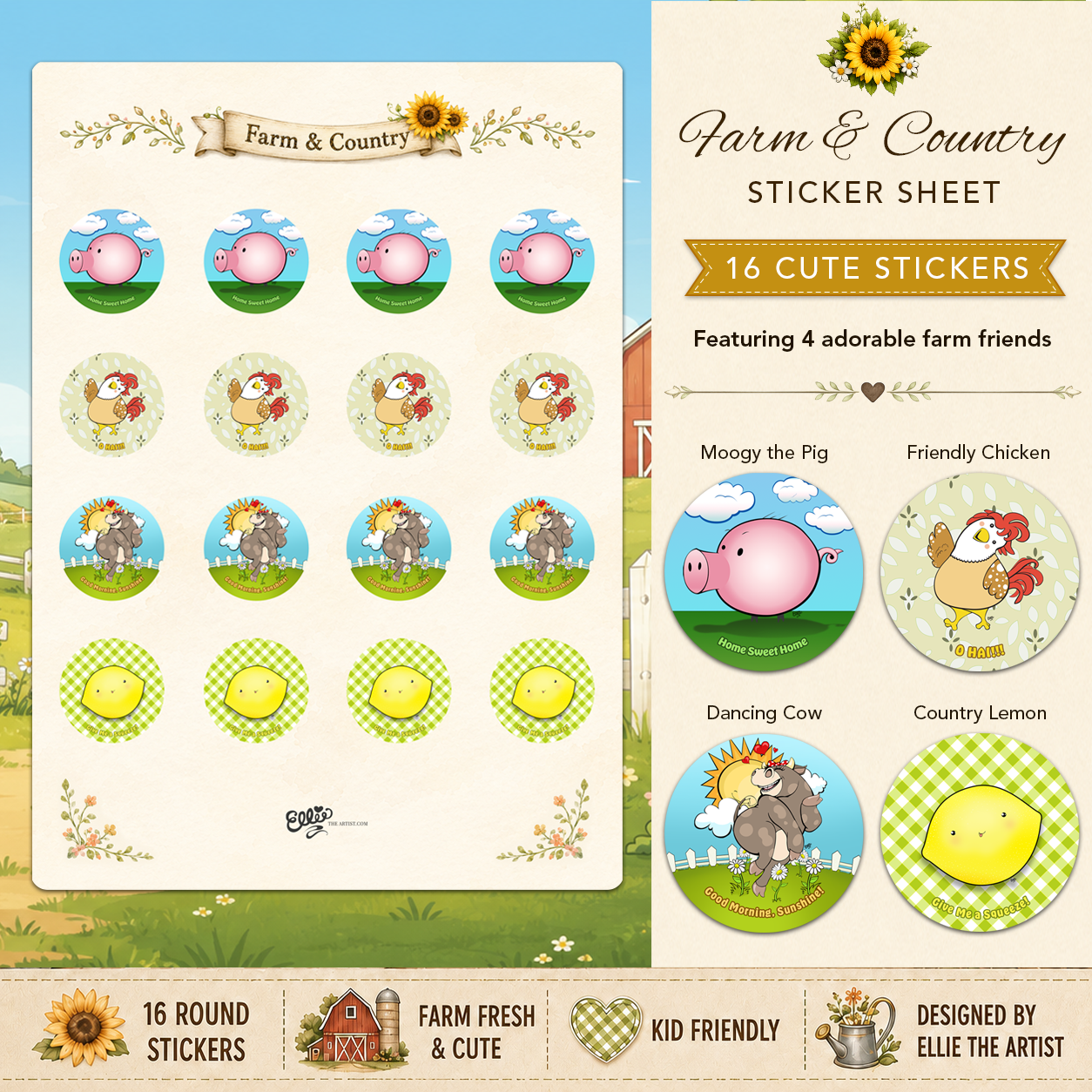 Farm and Country sticker sheet with 16 cute stickers featuring 4 cartoon characters: pig, chicken, cow and lemon.