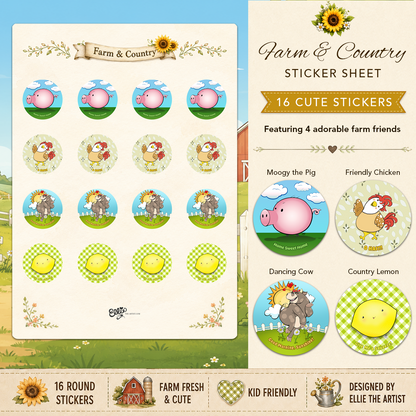 Farm and Country sticker sheet with 16 cute stickers featuring 4 cartoon characters: pig, chicken, cow and lemon.