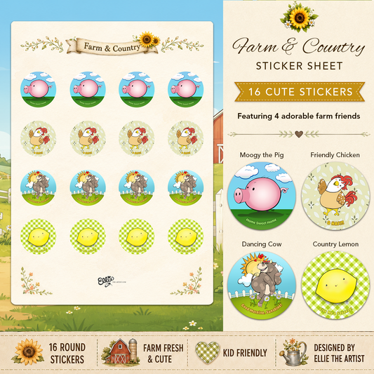 Farm and Country sticker sheet with 16 cute stickers featuring 4 cartoon characters: pig, chicken, cow and lemon.