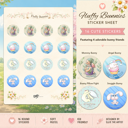 Fluffy Bunnies sticker sheet with 16 cute stickers featuring 4 cartoon characters: mommy bunny, angel bunny, pillow fight bunny, and snuggle bunny.