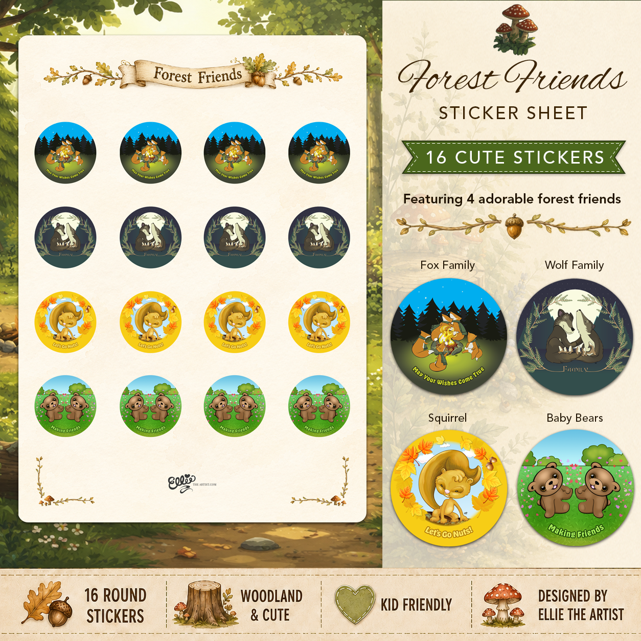 Forest Friends sticker sheet with 16 cute stickers featuring 4 cartoon characters: foxes, wolves, squirrel and bears.
