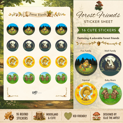 Forest Friends sticker sheet with 16 cute stickers featuring 4 cartoon characters: foxes, wolves, squirrel and bears.