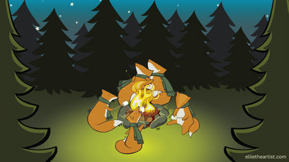 A stylized cartoon illustration of a family of foxes sitting around a campfire in a dark pine forest at night. The scene has a whimsical, illustrated look with a starry sky and glowing green ground. The children are roasting marshmallows while their parents stargaze.