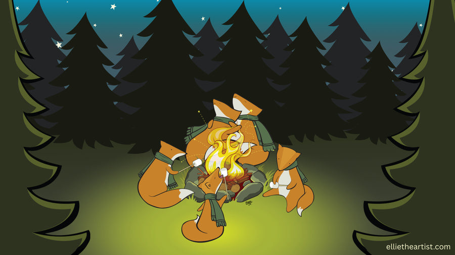 A stylized cartoon illustration of a family of foxes sitting around a campfire in a dark pine forest at night. The scene has a whimsical, illustrated look with a starry sky and glowing green ground. The children are roasting marshmallows while their parents stargaze.