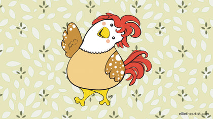 A cartoon-style rooster centered on a pale yellow background with a repeating white and gray leaf pattern. The rooster has a tan body, white head, red comb and tail feathers, yellow beak and legs, and brown spotted wings.
