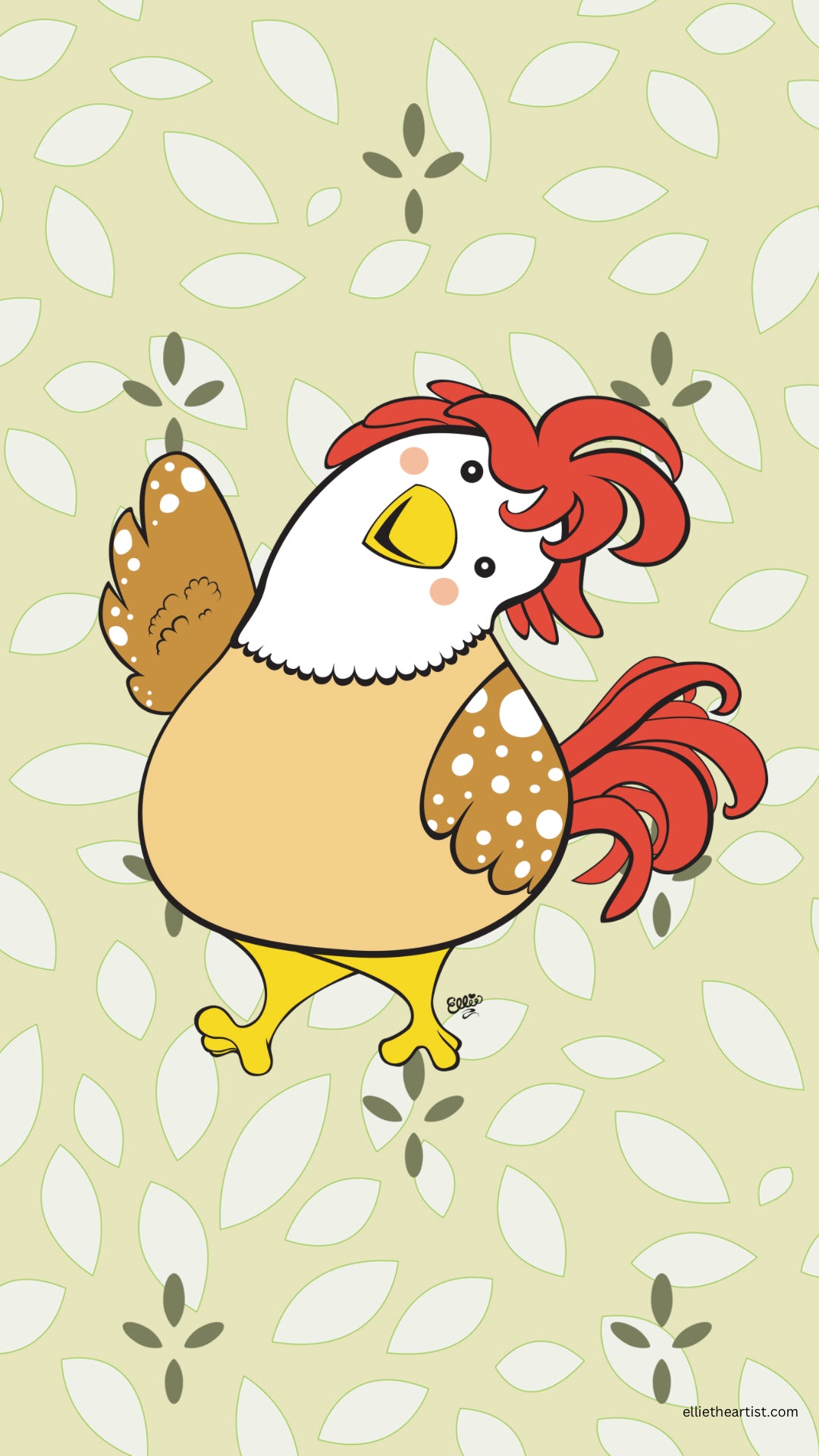 A cartoon-style chicken with a red comb and tail, yellow beak and legs, and brown-and-white spotted wings, centered on a pale yellow background with a repeating white leaf pattern.