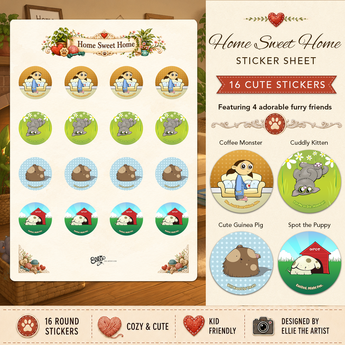 Home Sweet Home sticker sheet with 16 cute stickers featuring 4 cartoon characters: coffee monster, kitten, guinea pig and puppy.
