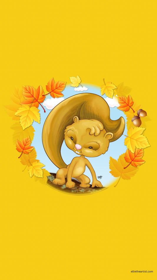 FREE Autumn Squirrel Cartoon Phone Wallpaper (Digital Download)