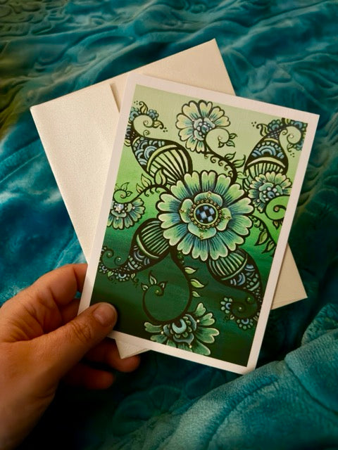 GREETING CARD: 'Green Mehndi Flower' Fine Art Painting