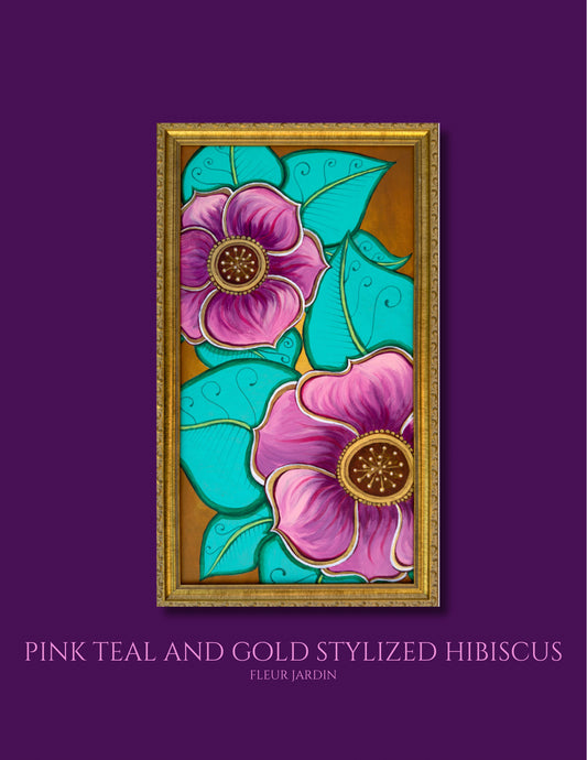 GREETING CARD: 'Pink, Teal and Gold Stylized Hibiscus' Greeting Card on Fine Art Paper with Envelope (5x7in.)