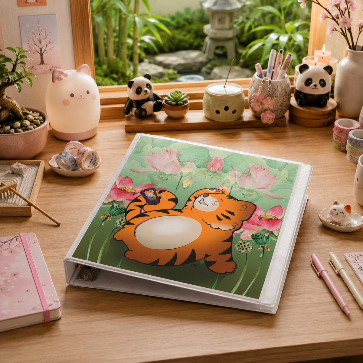 Insta Tiger 3-Ring Binder - Cute Cartoon Tiger Binder with Zen Garden Lotus Art for School Supplies