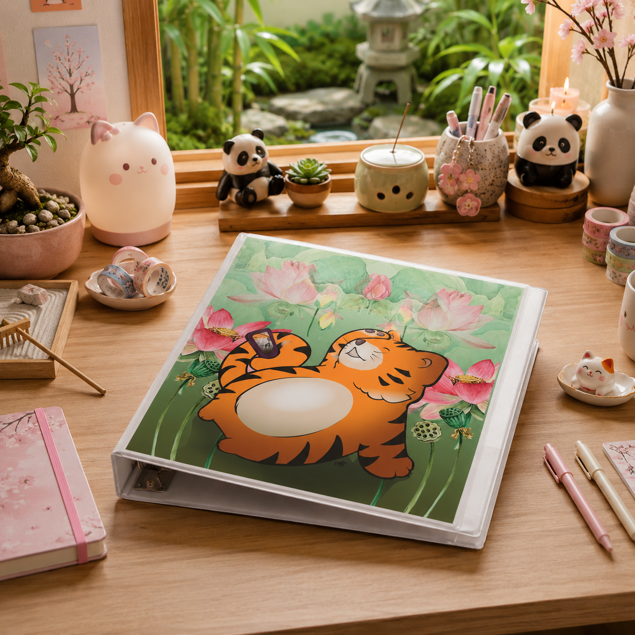 Insta Tiger 3-Ring Binder - Cute Cartoon Tiger Binder with Zen Garden Lotus Art for School Supplies