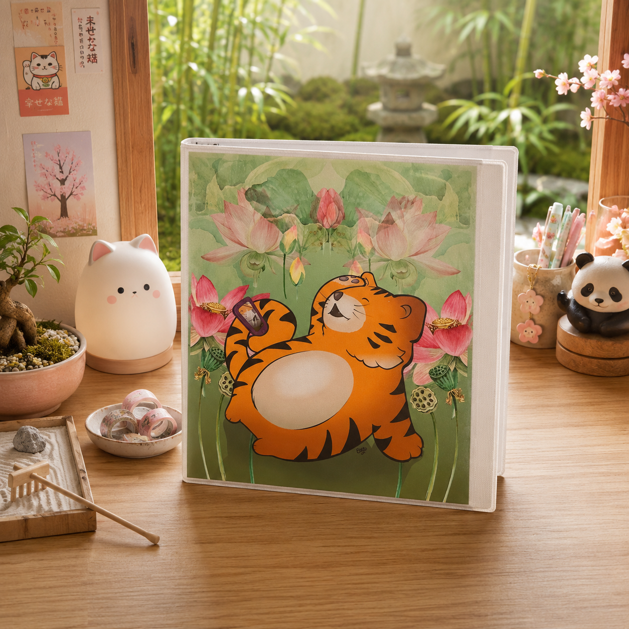 Insta Tiger 3-Ring Binder - Cute Cartoon Tiger Binder with Zen Garden Lotus Art for School Supplies