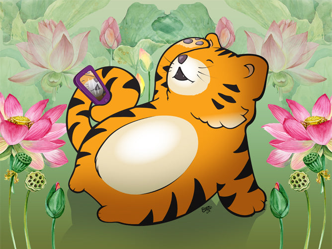 Cartoon tiger with a phone case on a background of pink lotus flowers by Ellie the Artist.
