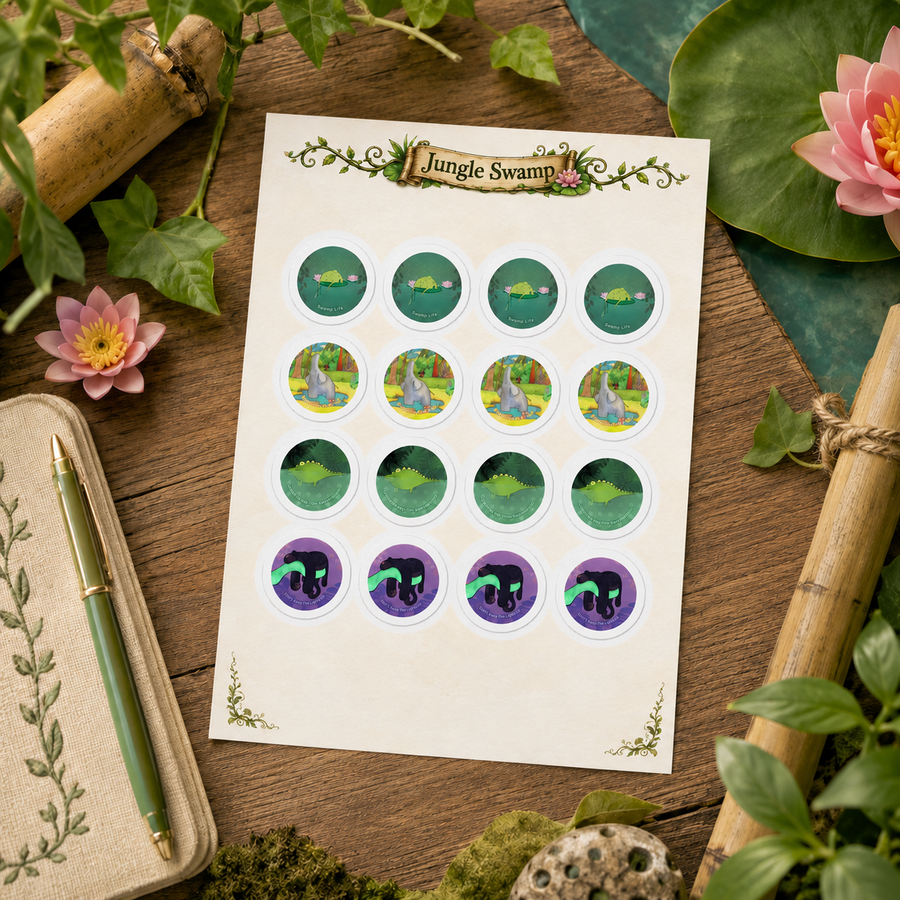 Jungle Swamp Cartoon Sticker Sheet – Cute Jungle Animal Stickers for Kids, Rewards, Journals & Lunchbox Notes
