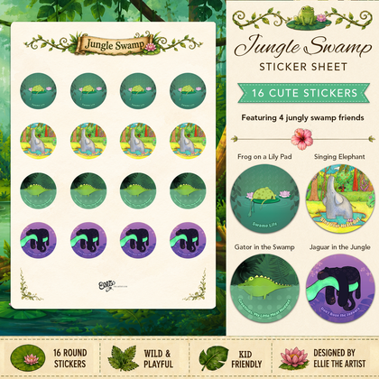 Jungle Swamp sticker sheet with 16 cute stickers featuring 4 cartoon characters: frog, elephant, alligator and jaguar.