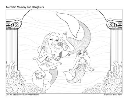 FREE Mermaid Mommy and Daughters Coloring Page (Digital Download)