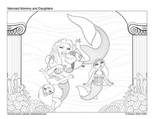 FREE Mermaid Mommy and Daughters Coloring Page (Digital Download)