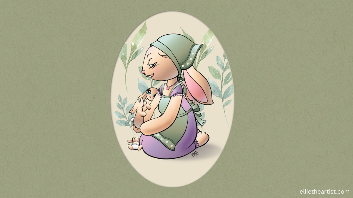 A stylized illustration of a mother rabbit wearing a green headscarf and purple dress, kneeling inside an oval frame against a muted olive-green background. The mother rabbit holds two small baby rabbits in her front paws with another little baby rabbit at her knees.