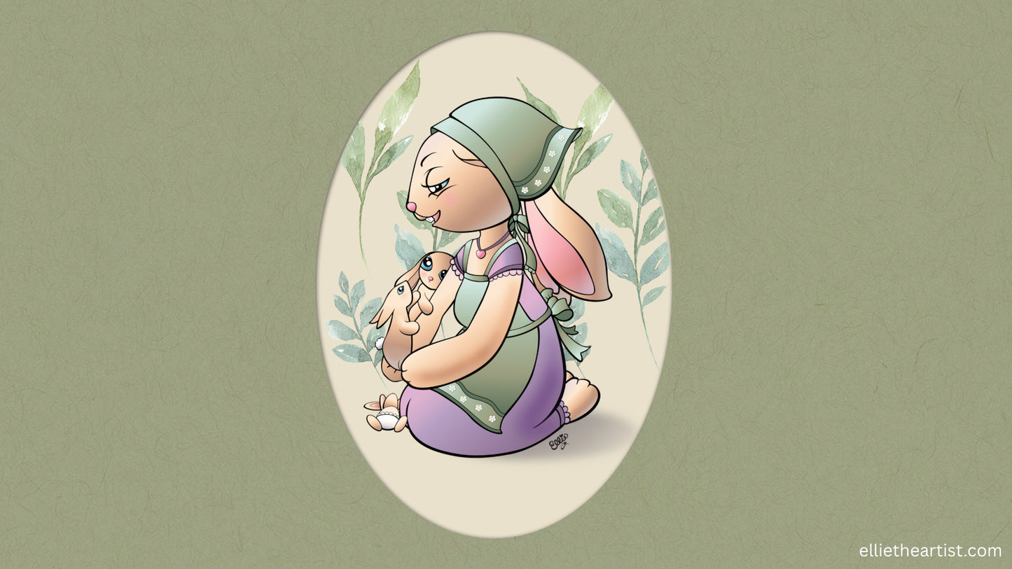 A stylized illustration of a mother rabbit wearing a green headscarf and purple dress, kneeling inside an oval frame against a muted olive-green background. The mother rabbit holds two small baby rabbits in her front paws with another little baby rabbit at her knees.