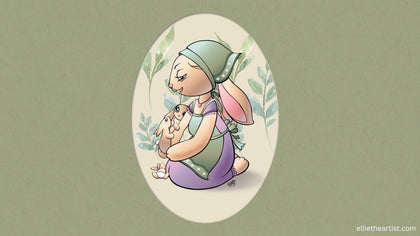 A stylized illustration of a mother rabbit wearing a green headscarf and purple dress, kneeling inside an oval frame against a muted olive-green background. The mother rabbit holds two small baby rabbits in her front paws with another little baby rabbit at her knees.
