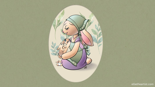 A stylized illustration of a mother rabbit wearing a green headscarf and purple dress, kneeling inside an oval frame against a muted olive-green background. The mother rabbit holds two small baby rabbits in her front paws with another little baby rabbit at her knees.