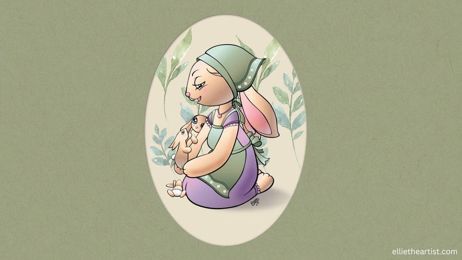 A stylized illustration of a mother rabbit wearing a green headscarf and purple dress, kneeling inside an oval frame against a muted olive-green background. The mother rabbit holds two small baby rabbits in her front paws with another little baby rabbit at her knees.
