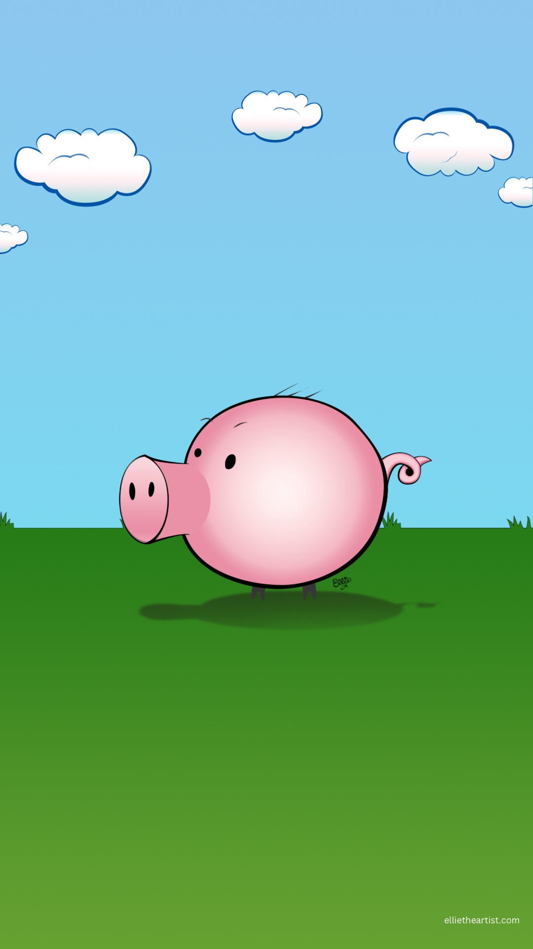 A cartoon pink pig standing on a green grassy field under a light blue sky with white clouds.