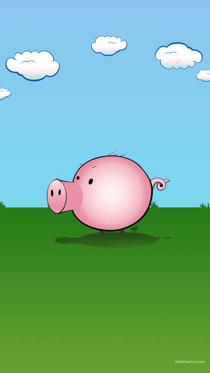 A cartoon pink pig standing on a green grassy field under a light blue sky with white clouds.