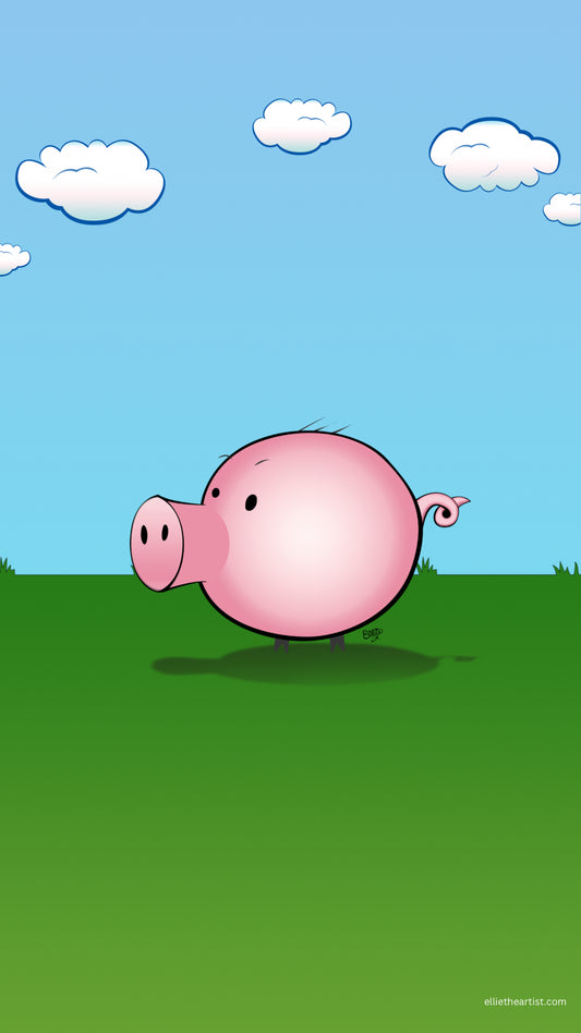 A cartoon pink pig standing on a green grassy field under a light blue sky with white clouds.