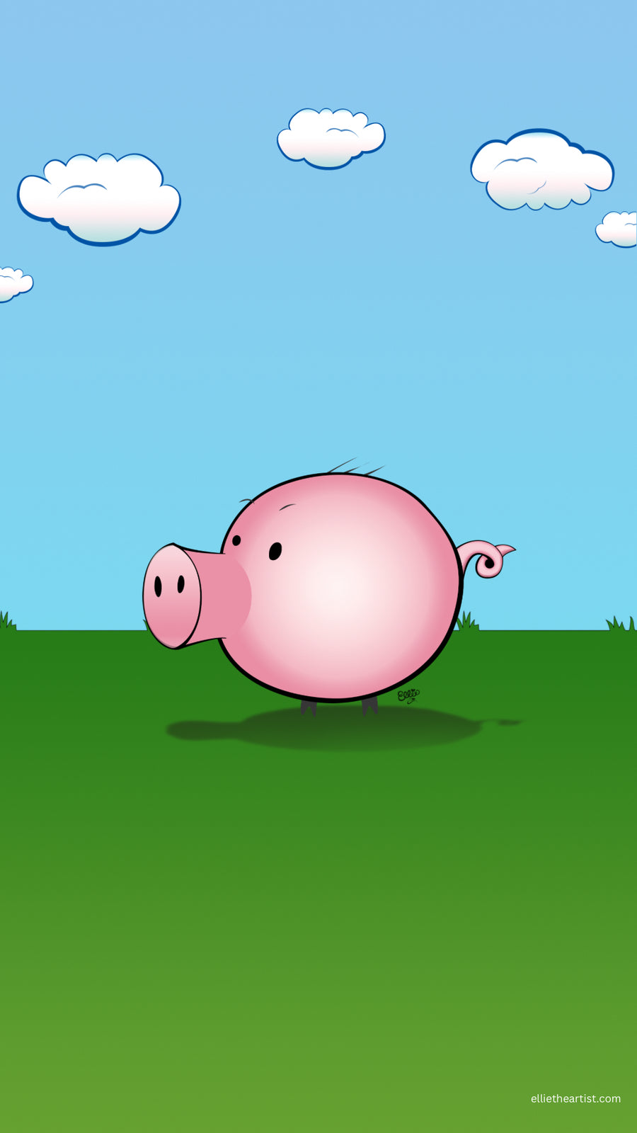 A cartoon pink pig standing on a green grassy field under a light blue sky with white clouds.