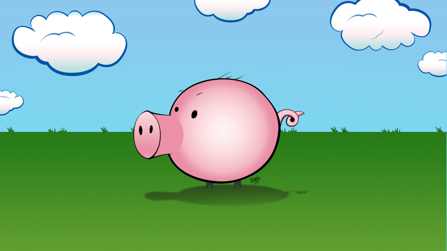 A cartoon pink pig standing on a green grassy field under a blue sky with white clouds.