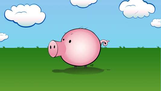 A cartoon pink pig standing on a green grassy field under a blue sky with white clouds.